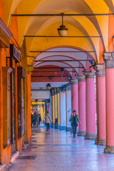 View of a covered arcade in the historical center of the italian town Bologna. © dudlajzov