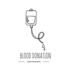 Hand drawn cartoon style doodle Blood donation bag with tube icon. Donation symbol icon with hearts. Doodle vector illustration. Charity donate sketch logo element: heart, love, care, help, aid