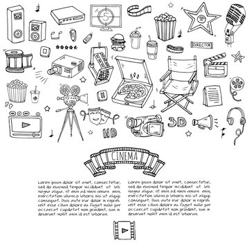 Hand drawn doodle Cinema set. Vector illustration. Movie making icons. Film symbols collection. Cinematography freehand elements: camera, film tape, photo camera, pizza, popcorn, projector, microphone
