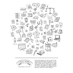 Hand drawn doodle Vote icons set. Vector illustration. Election symbols collection. Cartoon various voting elements: hand putting paper in the ballot box, speaker, scale, calendar, infographics, case.