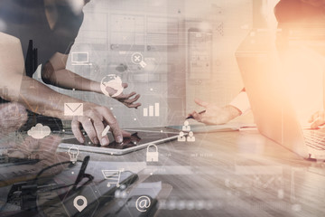 co working team meeting concept,businessman using smart phone and laptop and digital tablet computer in modern office with virtual interface icons network diagram