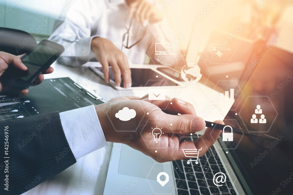 Poster co working team meeting concept,businessman using smart phone and laptop and digital tablet computer in modern office with virtual interface icons network diagram
