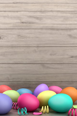 3d render of colorful painted easter eggs on wooden background