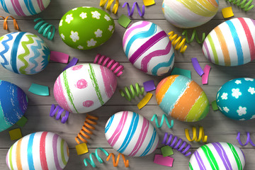 3d render of colorful painted easter eggs on wooden background