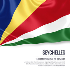 Silky flag of Seychelles waving on an isolated white background with the white text area for your advert message. 3D rendering.