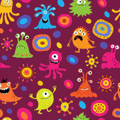 Cute seamless background with patterns and monsters