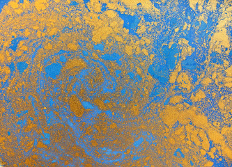 Blue and golden liquid texture, watercolor hand drawn marbling illustration, abstract background