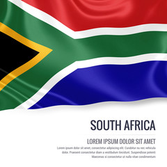 Silky flag of South Africa waving on an isolated white background with the white text area for your advert message. 3D rendering.