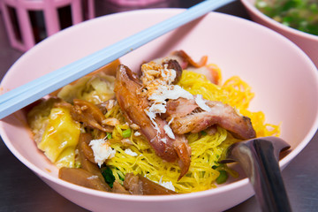  noodle with BBQ pork and crab meat on stainless table