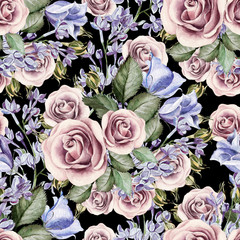 Bright watercolor seamless pattern with flowers eustoma, roses and lilacs. illustrations