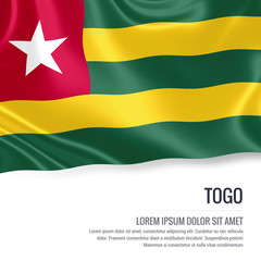 Silky flag of Togo waving on an isolated white background with the white text area for your advert message. 3D rendering.