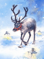Fototapeta premium Watercolor Reindeer Winter Wonderland Hand Painted Christmas Holiday Illustration