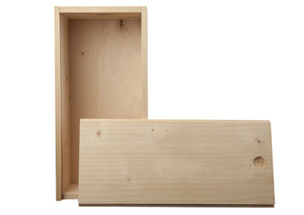 Opened wooden box isolated on white bg