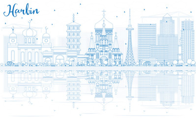 Outline Harbin Skyline with Blue Buildings and Reflections.