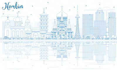 Obraz premium Outline Harbin Skyline with Blue Buildings and Reflections.