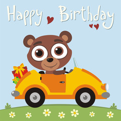 Happy birthday! Funny teddy bear going in car with gifts for birthday. Card with teddy bear in cartoon style for child birthday.