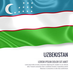Silky flag of Uzbekistan waving on an isolated white background with the white text area for your advert message. 3D rendering.