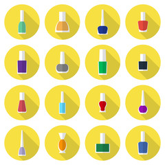 Multicolored nail polishes flat vector icon set