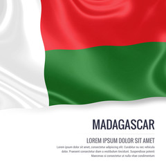 Silky flag of Madagascar waving on an isolated white background with the white text area for your advert message. 3D rendering.