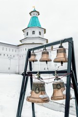 New Jerusalem monastery, Istra, Russia, the bells and bell tower in winter vertically