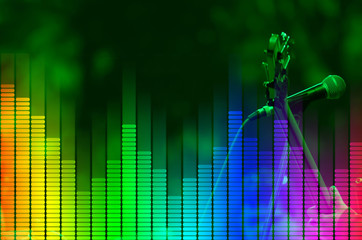 Closeup of a acoustic guitar is playing in a public festival.Equalizer made in a software and merge...