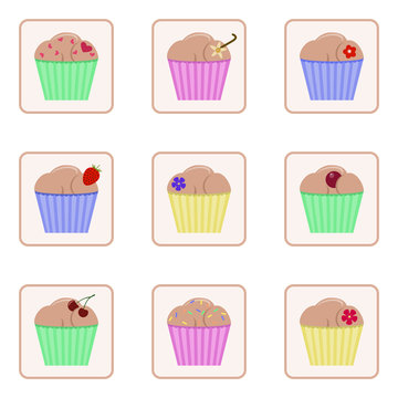 Set of vector icons with images of cupcakes. Colorful cute cartoon muffins.