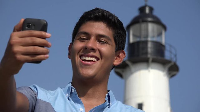 Teen Boy Travel Selfie At Lighthouse