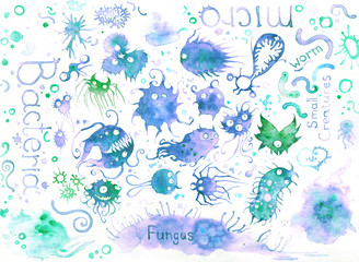 Fototapeta na wymiar Watercolor set of illustrations of different bacteria and fungus in colorful silhouette