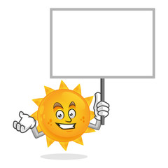 sun mascot with blank sign, sun character, sun cartoon vector
