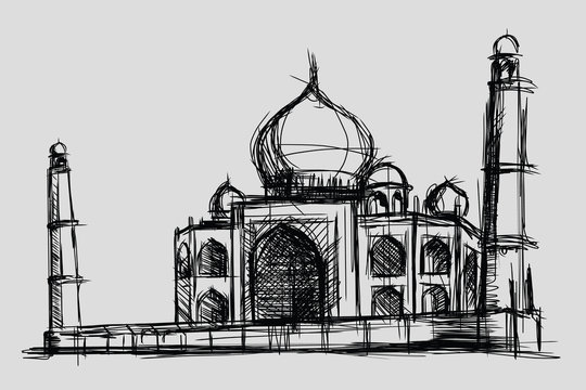 Taj Mahal sketch drawing illustration, monument and tourism building in India, mosque in Islam