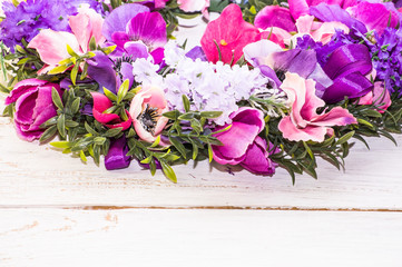 Easter background with spring flowers, table decoration