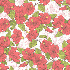 Roselle flower branch graphic color seamless pattern sketch illustration vector