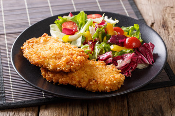 Delicious steak in breadcrumbs Panko and fresh vegetable salad close-up. horizontal