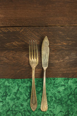 Vintage fork and knife for copyspace, overhead shot