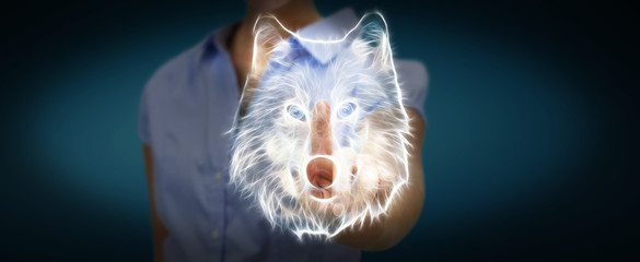 Person touching fractal endangered wolf illustration 3D rendering