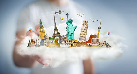 Businessman touching a cloud full of famous monuments with his finger 3D rendering