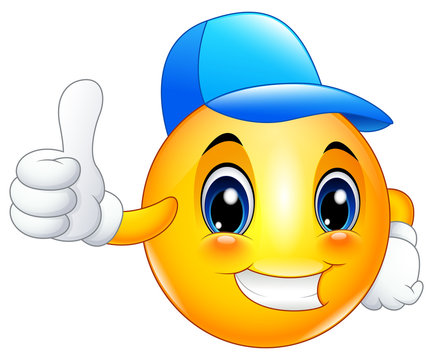 Cartoon emoticon smiley wearing a cap and giving a thumbs up 