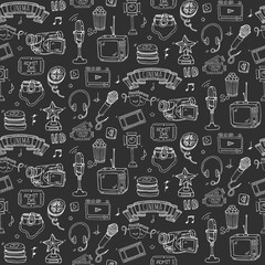 Seamless pattern Hand drawn doodle Cinema set. Vector illustration. Movie making icons. Film symbols collection. Cinematography freehand: camera, film tape, photo camera, pizza, popcorn, projector.