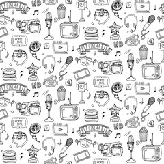 Seamless pattern Hand drawn doodle Cinema set. Vector illustration. Movie making icons. Film symbols collection. Cinematography freehand: camera, film tape, photo camera, pizza, popcorn, projector.