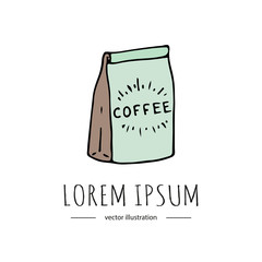 Hand drawn doodle Coffee package icon Cartoon style Colorful Beverage beans bag Vector illustration doodle isolated on white background for cafe, coffee restaurant, menu, house appliance shops