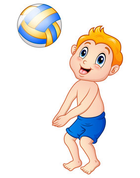 Funny little boy playing beach volley