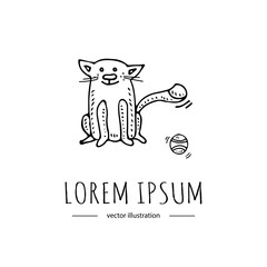 Hand drawn doodle Cute sitting cat playing with ball icon Pets stuff and supply logo Vector illustration. Vet symbol Cartoon cats care, tail, paw, ball, Goods for pet shop