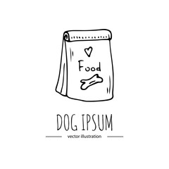 Hand drawn doodle Dog dry food package icon Pet stuff and supply Vector illustration. Vet collection. Cartoon dogs and cats care element, crisp treat, paw, bone, heart Symbol for goods for pet shop