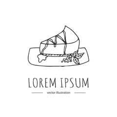 Hand drawn cartoon style doodle piece of cake on plate and berries icon. Hand drawn cartoon style doodle sweet dessert icon. Vector illustration Sweets symbol Sketch element on white background