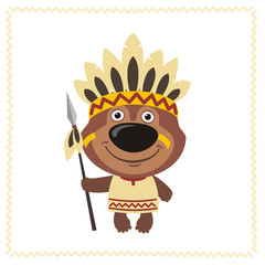 Funny teddy bear in costume of american Indian with spear. Indian teddy bear in cartoon style.