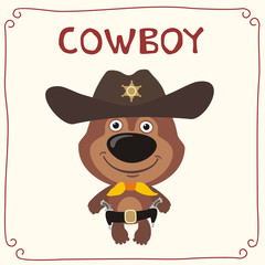 Funny teddy bear in costume of cowboy with gun. Cowboy teddy bear in cartoon style.
