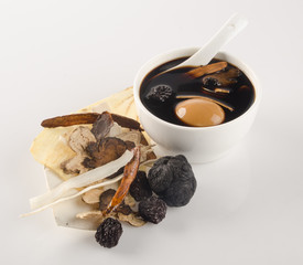 Chinese traditional herbs and medicine soup on background.