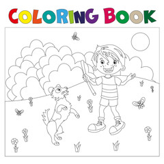 Coloring page outline cartoon boy with dog.