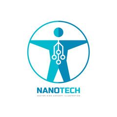Nanotech - vector logo template concept illustration. Human nano technology creative sign. Electronic computer network and chip. Design element.