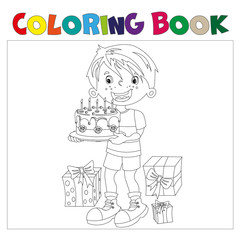 Coloring book of cartoon boy with cake a gifts at the holiday.
